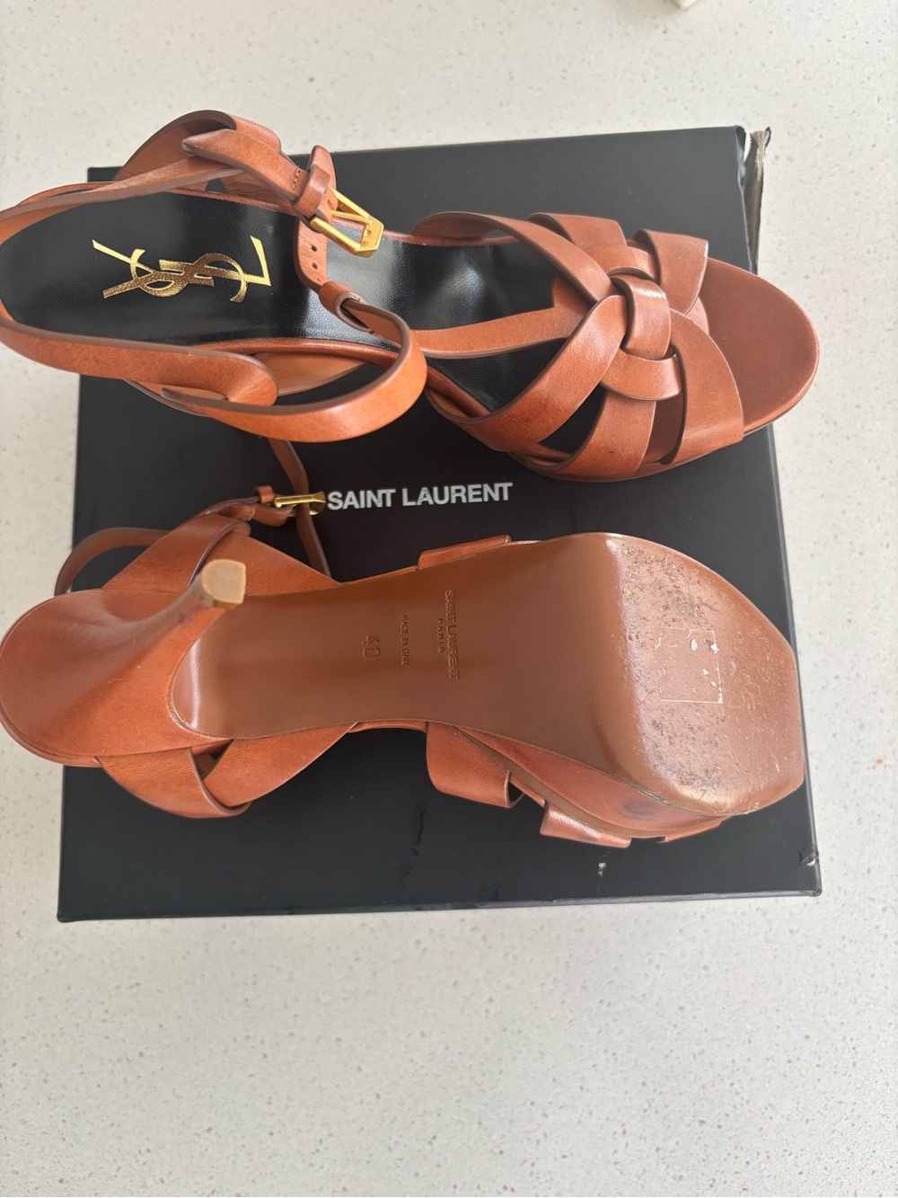 Saint Laurent Tan Leather Platform Sandals with Ankle Strap - Picture 7 of 8